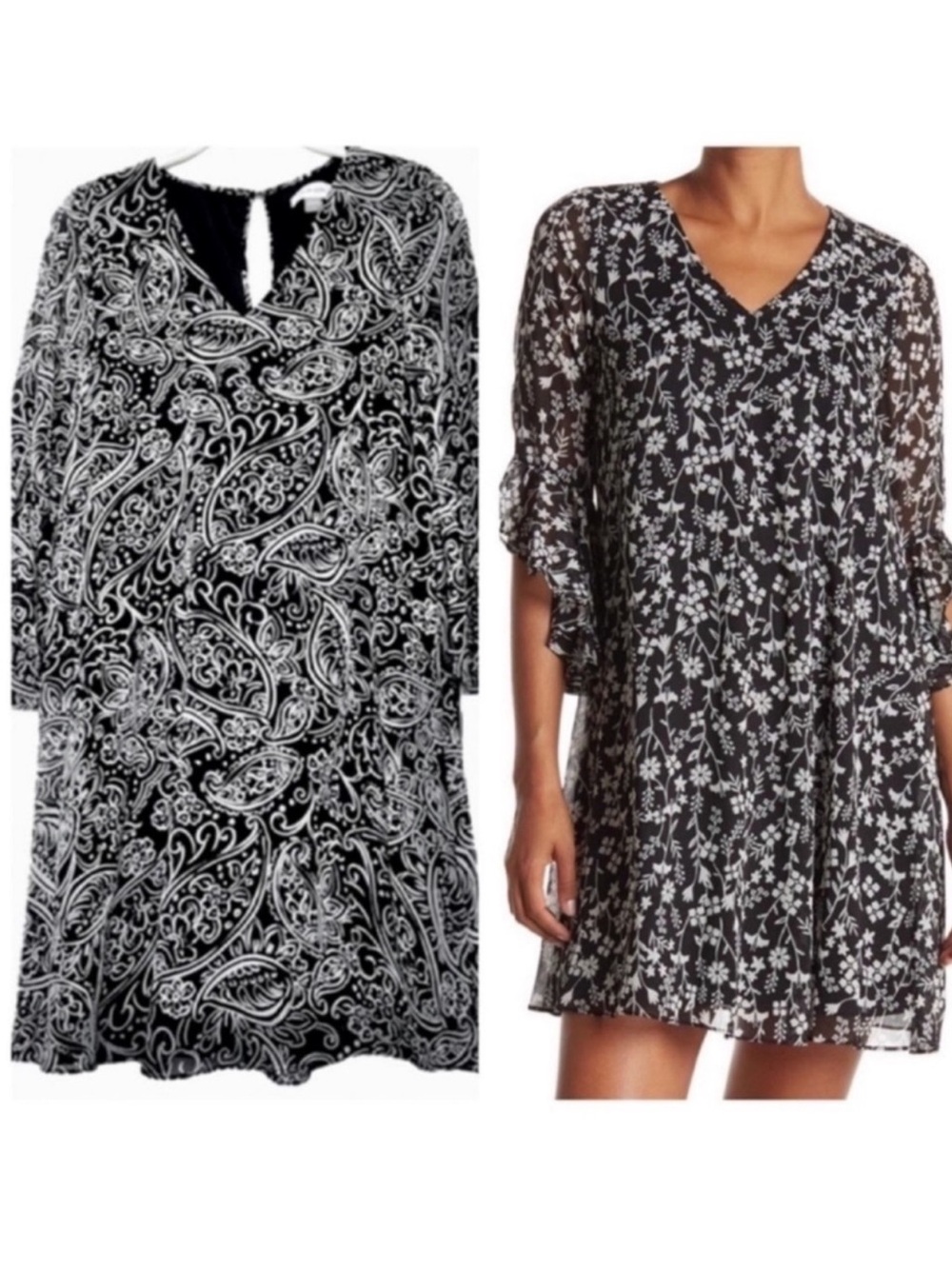 NEW Calvin Klein V-neck Shift Dress Ruffle Sleeve Paisley Black White Size 6